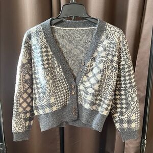 Gray and Cream Patterned Women's Sweater
